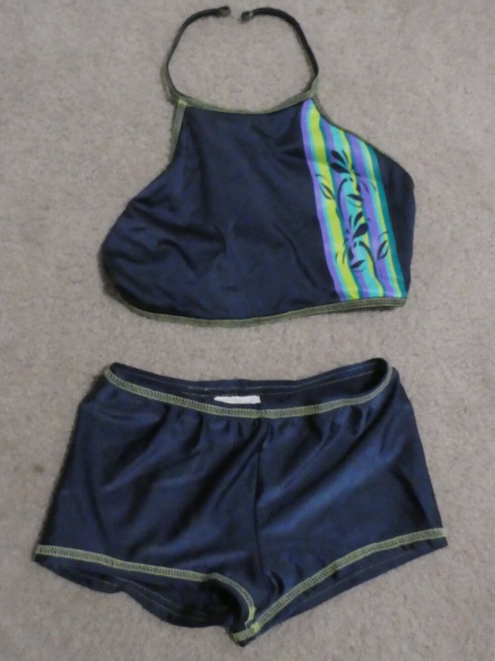 SAND-N-SUN Girls Asymmetrical 2 Piece Swimsuit Navy Blue Striped Floral size 10